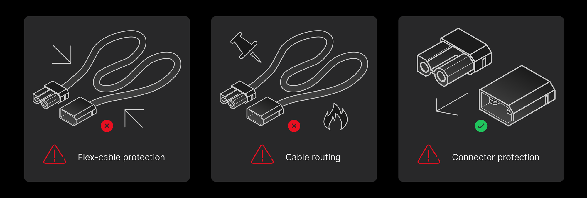 Three cable care points: flex-cable protection, cable routing, and connector protection