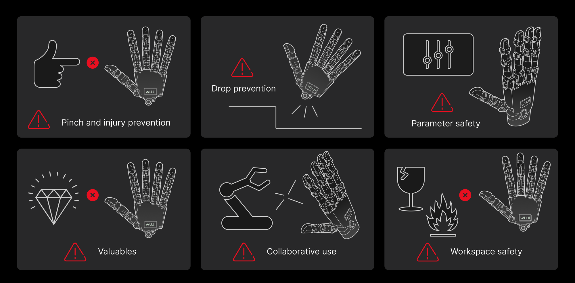 Six mechanical safety reminders: pinch prevention, drop prevention, parameter safety, valuables, collaborative use, and workspace safety