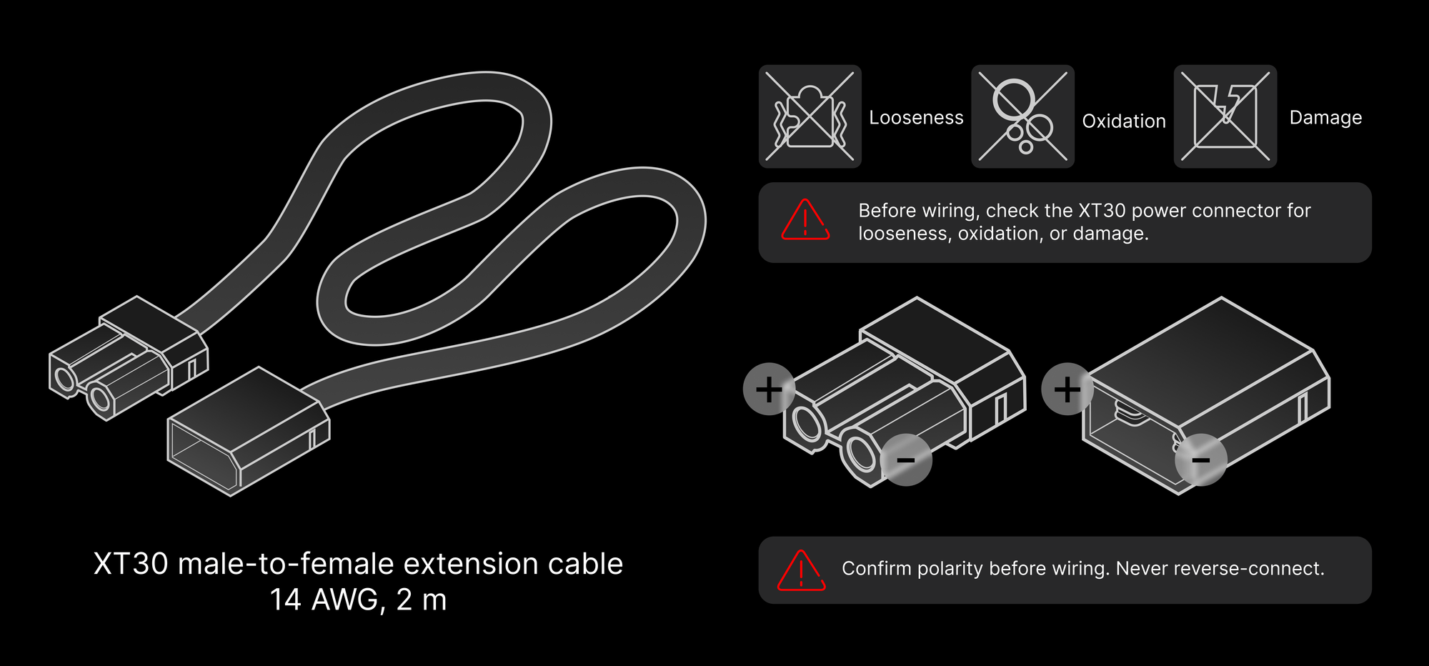 XT30 extension cable with connector checks and polarity markings