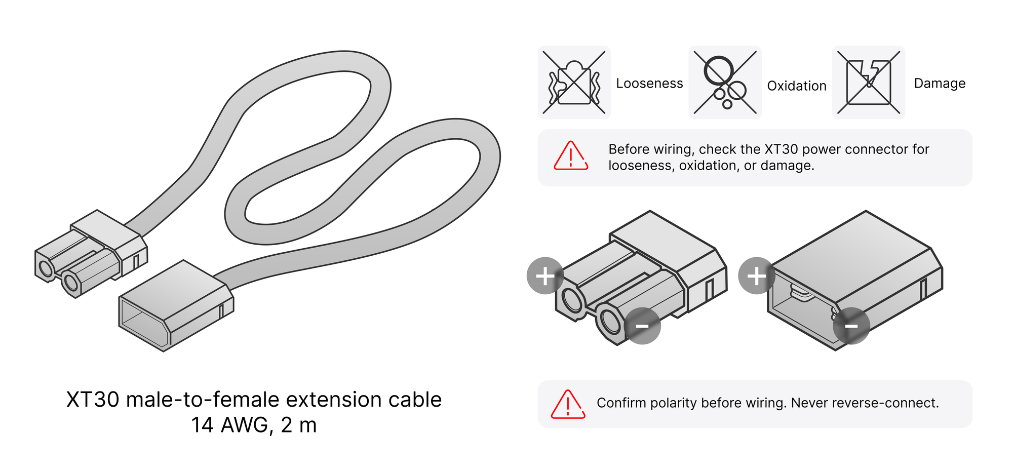 XT30 extension cable with connector checks and polarity markings